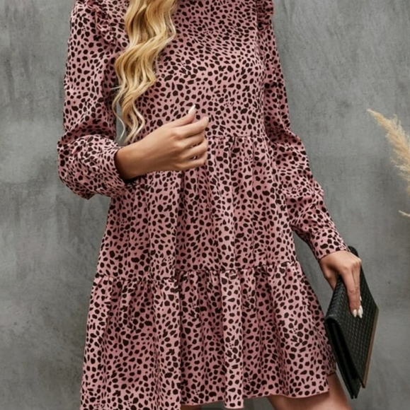 SHEIN PINK ANIMAL PRINT RUFFLE HEM SMOCK DRESS - Picture 2 of 11